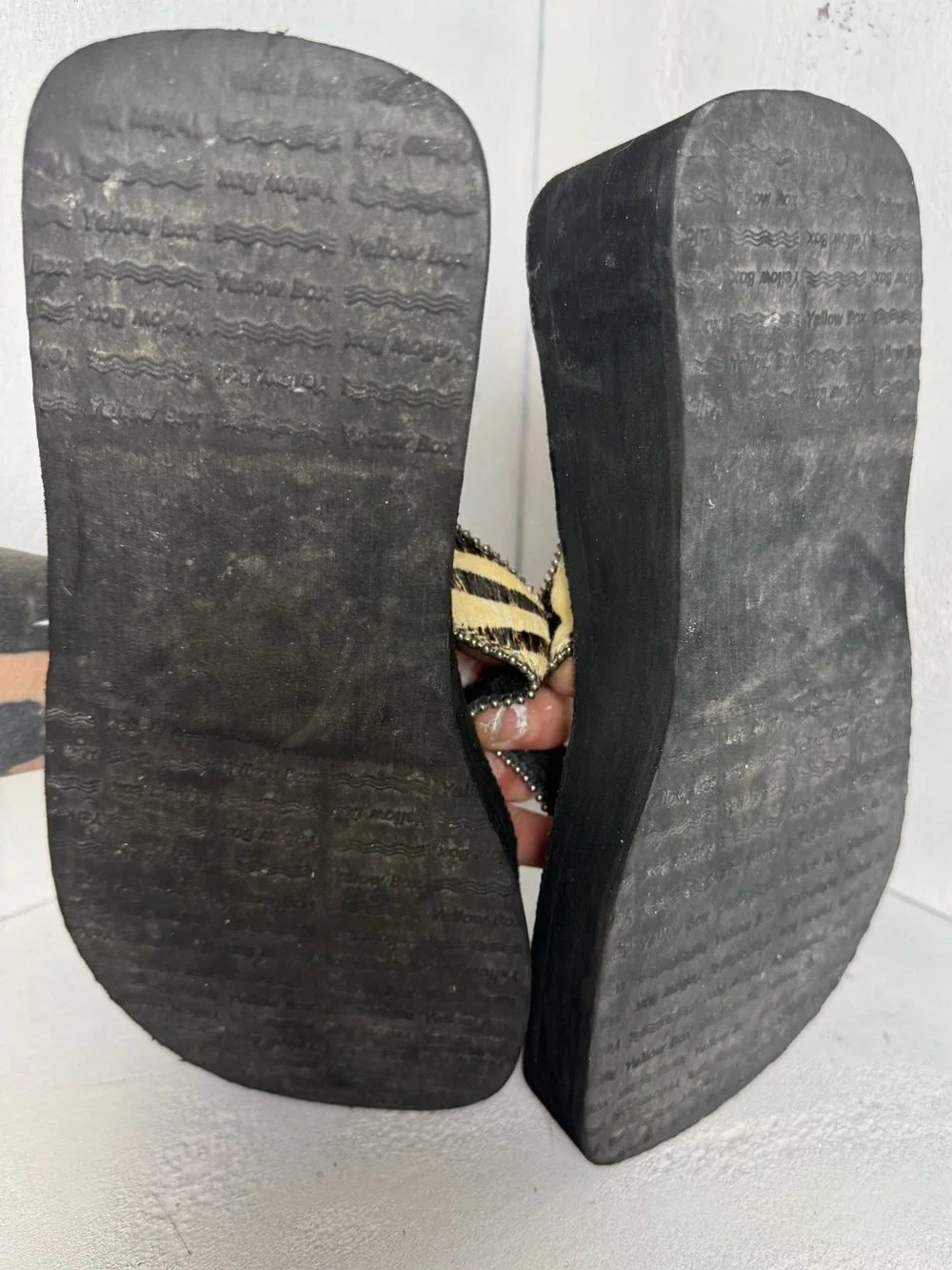 Yellow Box Black Platform Flip Flops with Tiger-Print Straps